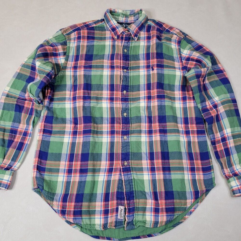VTG 90s Polo Ralph Lauren Green Plaid Flannel Mens L Chore Classic Casual Cotton